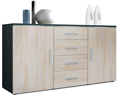 Vladon Sideboard Kommode Faro, Made in Germany, Korpus in Schwarz matt/Front in Eiche sägerau (139 x 72 x 35)