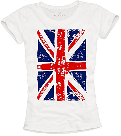 Makaya T-Shirt Drapeau Anglais Femme Union Jack Vintage Blanc S M L