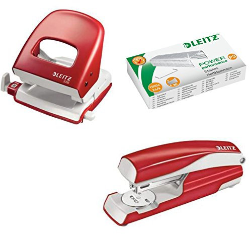 Leitz 5008 NeXXt Series Bürolocher, Metall, bis zu 30 Blatt / Kombi-Set mit Heftgerät + 1000 Klammern extra (rot)
