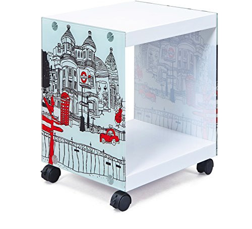 Inter Link - Mesa auxiliar - Mesilla de noche - Mesa de centro - Con ruedas - London Cube - Cristal y MDF - Moderna y práctica - Lacada en blanco - 38 x 33,5 x 46 cm