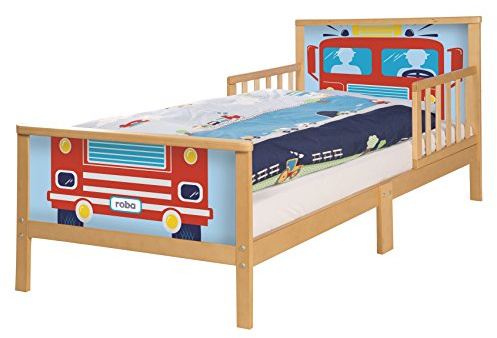 roba Toddler-Themenbett 'Car' - Komfortables Holzbett 70x140cm in Buche natur mit Feuerwehr-Motiv - Seitengitter für extra Schutz - Inklusive Bettwäsche und Lattenrost