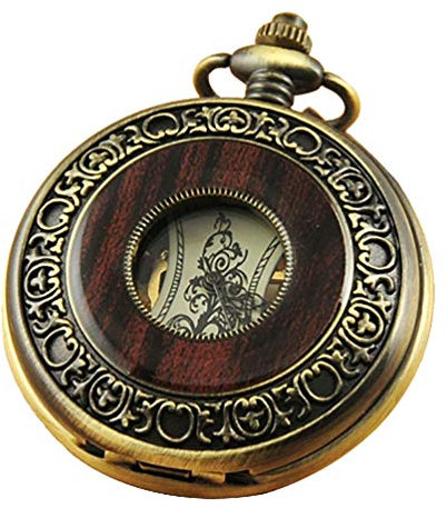Vigoroso Herren Vintage Holzmaserung Hohl selfwind Steampunk Kette Mechanische Taschenuhr Geschenk-Box