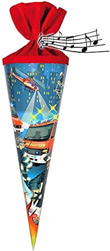 alles-meine.de GmbH Sound Modul & LED Licht Effekt ! - Schultüte - Feuerwehr - 70 cm - rund - Filzabschluß - Zuckertüte - mit/ohne Kunststoff Spitze - für Jungen - Auto Ret..