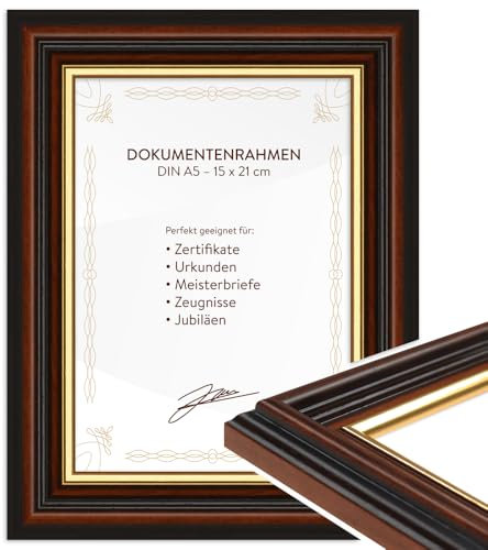 WANDStyle DIN A5 Bilderrahmen Holz, Urkundenrahmen Braun, Dokumentenrahmen zum Aufhängen, Meisterbrief Rahmen 15x21 cm, Vintage Bilderrahmen A5 Holz, Diplom Fotorahmen H015 - Made in Germany