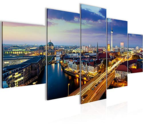 Runa Art Bild Wohnzimmer Büro Berlin 5 Teilig Skyline Blau Gold Wandbilder auf Vlies Leinwand 605153a