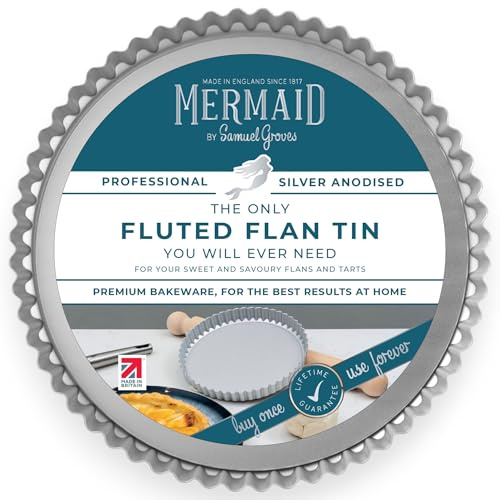 Mermaid 12 Silver Anodised Fluted Flan Tin Loose Base 30 x 2.5 cm – Non Toxic Professional Heavy Duty Aluminium, Naturally Non Stick, Silver Anodised Bakeware - Made in England by Samuel Groves