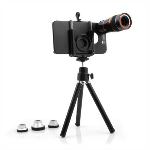 System-S 4 in 1 Kamera Linsen Set Teleobjektiv FishEye Fischauge Weitwinkel Mikro Linse Objektiv & Mini Stativ Tripod Ständer Halterung für iPhone 4 4s