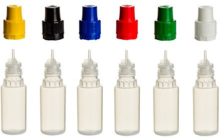 6 Stück 10 ml PP-Flaschen MIT FARBIGEN DECKELN + Füll-Trichter - Quetschflasche Leerflasche Kunststofflasche Plastikflasche Spritzflasche quetschbar zum befüllen und mischen auch Liquide