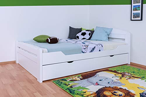 Jugendbett Easy Premium Line K5, inkl. 2 Schubladen und 1 Abdeckblende, 140 x 200 cm Buche Vollholz massiv weiß lackiert, inkl. Lattenrost