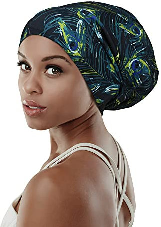 FocusCare Schlafmütze mit weichem Bambus-Satin gefüttert, für Damen mit Langen Haaren oder Zöpfen, Blaues Tarmuster