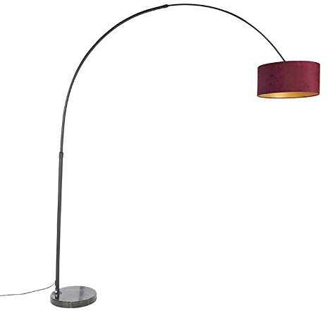 Qazqa - Modern Bogenleuchte I Bogenlampe I Lampe I Leuchte Schwarzer Samt-Schirm Rot mit Gold I Messing 50 cm - XXL I Wohnzimmer I Schlafzimmer - Stahl Länglich I Zylinder I Rund - LED geeignet E27