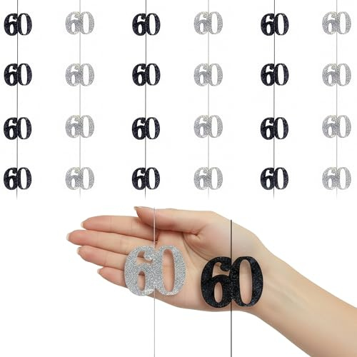 SHATCHI Age Hanging String 13th-90th Glitz Anniversary Birthday Metallic Shiny Foil Banner Party Door Wall Decorations Pack of 6, Black and Silver