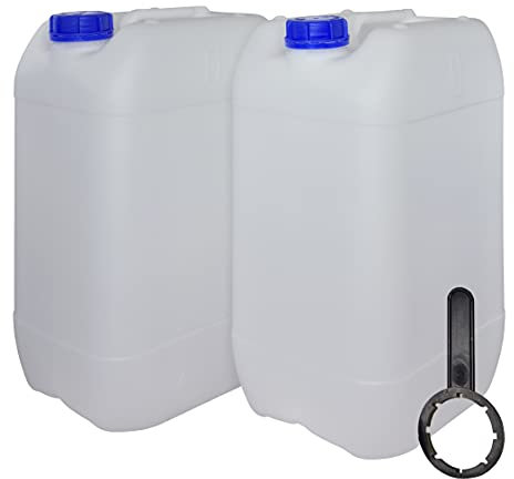 Bidón Garrafa Plástico 25 litros apilable con LLave. Apta para uso alimentario como depósito contenedor de agua potable. Homologación para transporte ADR. (2 Unidades+1 LLave)