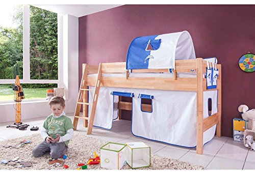 Relita Halbhohes Spielbett Kim mit 3 TLG. Stoff-Set weiß/blau, Buche massiv Natur lackiert