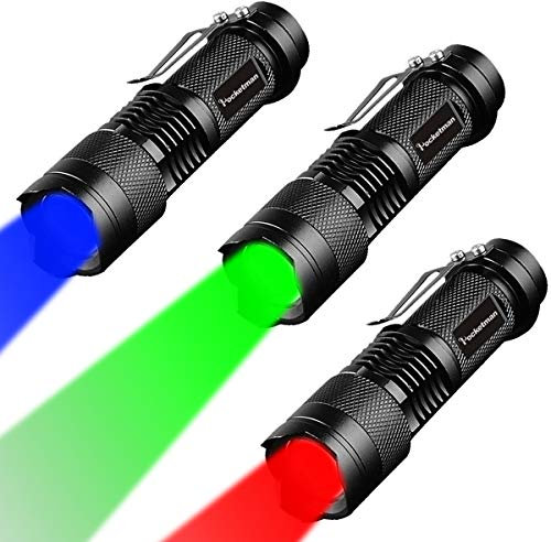 POCKETMAN 3 MODE TORCH 3 COLORES ROJO VERDE Violeta Linterna Foco Ajustable Para camping, visión nocturna, pesca nocturna, astronomía y emergencias (3 PCS)