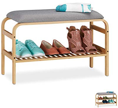 Relaxdays Schuhbank, 3 Paar Schuhe, gepolsterte Sitzfläche, Flur und Garderobe, Schuhaufbewahrung HBT 46x69x30 cm, natur, 1 Stück, 1 Fach