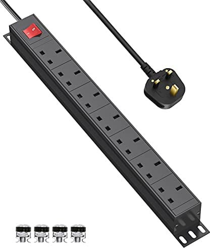 7 Way Extension Lead Power Strip, Rack Mount Power Socket with Mounting Brackets, Wall Mountable Power Socket 6ft Power Cord for Workshop Office Home -Black