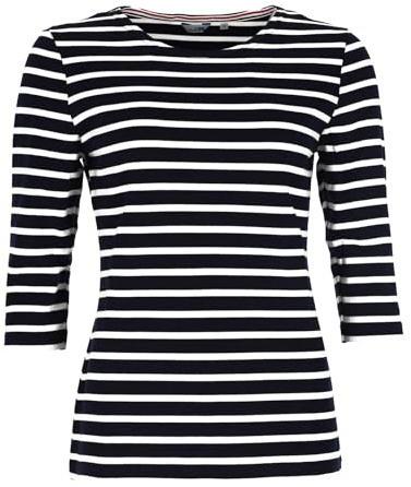 modAS Bretonisches Damenshirt mit 3/4-Arm - Streifenshirt Ringelshirt Basic Shirt Gestreift aus Baumwolle in Blaumelange/Weiß Größe 40
