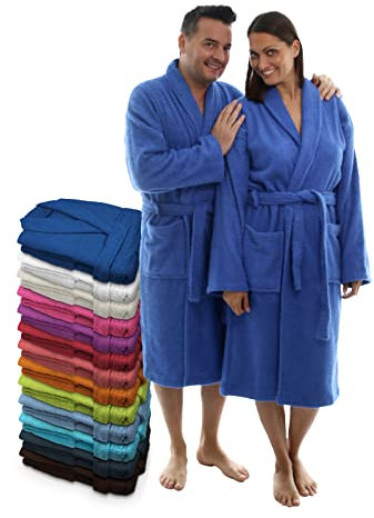 LEBENGOOD Peignoir unisexe pour femme et homme 100% coton éponge américain 400 g avec ceinture, poches, douche, peignoir doux, serviette (Azulon L)