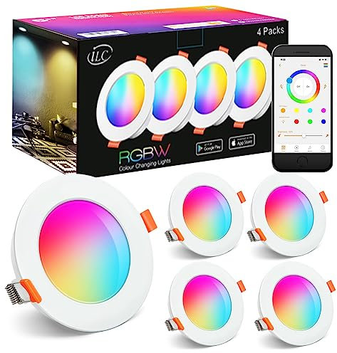 LED Einbaustrahler 8W (ersetzt 60W), RGBW mit APP-Steuerung 3 Zoll, Rund Deckenspots IP44 Warmweiß 2700K Einbauleuchte RGB Farbwechsel Farbige für Schrank, Küche, Wohnzimmer, Schlafzimmer (4er-Pack)