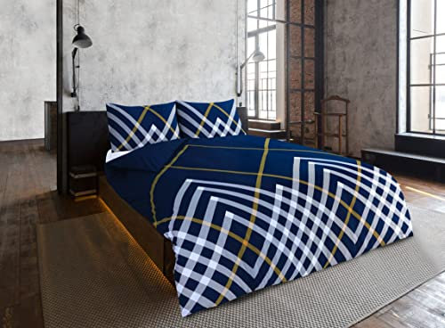 CnA Stores Maxwell Geo Check Duvet Cover & Pillowcase Reversible Easy Care Cotton Blended Bedding Set (DOUBLE, NAVY/GOLD)