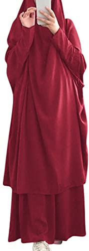 IWEMEK Abaya Muslim Damen Muslimische Kleider Gebetskleidung Frauen Jilbab Khimar Kaftan Kleid Voller Länge Hijab + Rock 2 Teilig Islamischer Afghanische Dubai Türkei Ramadan Dunkelrot Einheitsgröße