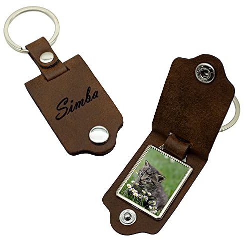 Foto PU Leder Schlüsselanhänger klappbar personalisiert individuell mit Wunschfoto Geschenkidee Braun