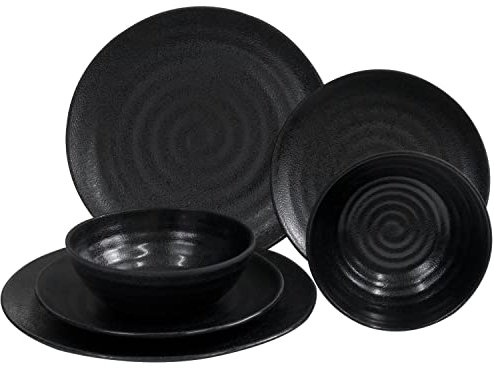 Melamin Camping Geschirr Set für 2 Personen schwarz - 6 Teile - mit Tellern und Schälchen - Campinggeschirr