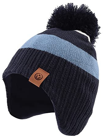 XIAOHAWANG Baby Mütze Winter Klassische Kindermütze Mädchen Jungen Warme Strickmütze mit Pompon Kleinkind Bommelmütze für Outdoor-Aktivitäten (4-7Jahren, Blau-Hut)
