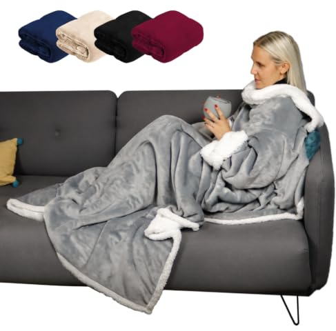Vivezen - Couverture polaire, plaid intégral avec manches et poche - 140 x 210 cm - Sherpa et flanelle - Adulte - Plusieurs coloris