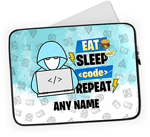 Personalised Coding Laptop Case Sleeve - Eat Sleep CODE Repeat - Tablet Chromebook Bag - Gamer Coder Gift - Blue (14-15 inch)