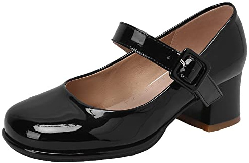 CUTEHEELS Women Comfort Mary Jane Shoes Buckle Strap Chunky Heels Court Shoes with Round Toe