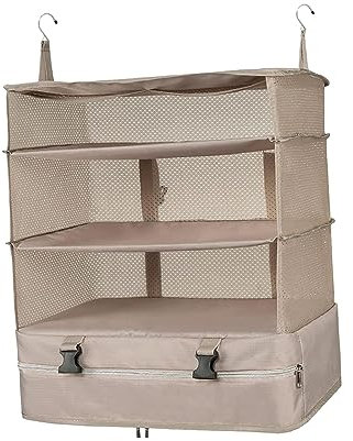Folpus Hängendes Regal Kleiderschrank Regal, faltbare hängende Regal Gepäck Organizer, 3 Fächer, Kleiderschrank Lagerung platzsparend mit Metallhaken für Schlafsaal, Schlafzimmer, Wohnzimmer, Khaki