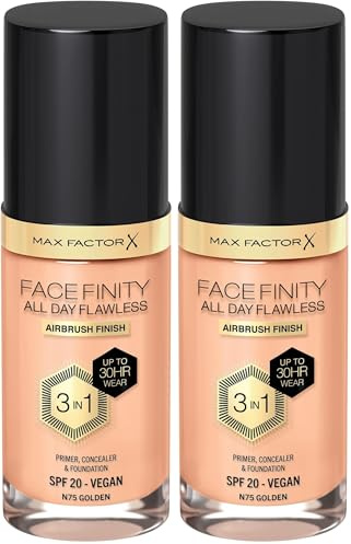 Max Factor Facefinity All Day Flawless 3 in 1 Foundation in Golden 75 – Primer, Concealer & Foundation in einem – Für ein perfekt mattiertes Finish – 1 x 30 ml (Packung mit 2)