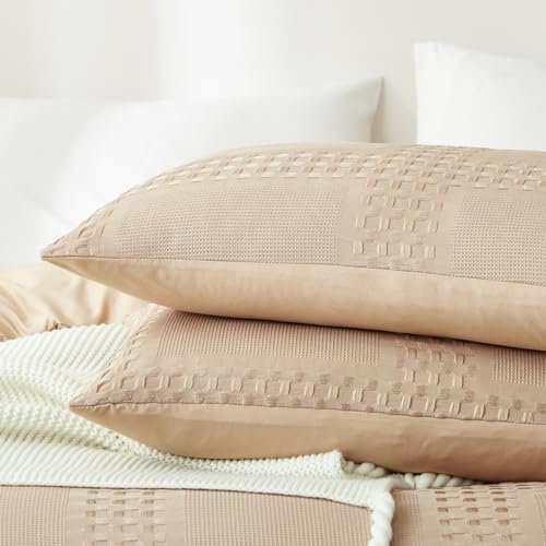 Nayoroom 2er Set Kissenbezug 40 x 80 cm Beige Khaki mit Muster Dekorativ Waffelmuster Microfaser Karierte Kissenbezüge 40x80 mit Reißverschluss