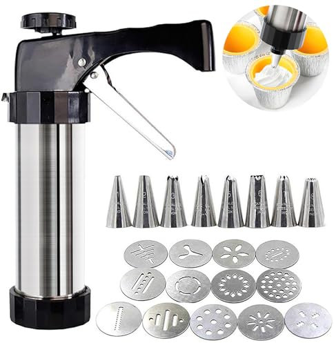 Cimvidi Kit de seringue à pâtisserie en acier inoxydable avec 13 pochoirs et 8 douilles, seringue à garnir portable, presse à biscuits, seringue à pâtisserie, accessoire de pâtisserie pour gâteaux,