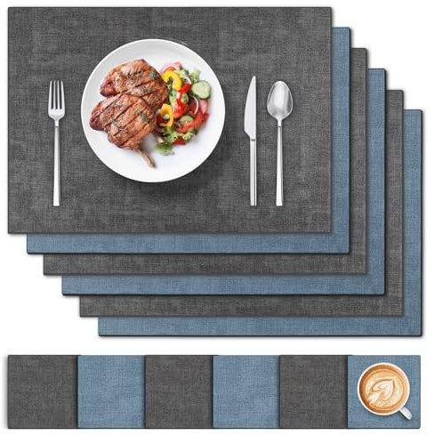 Tischsets Abwaschbar Leder und Untersetzer 6 Set, Doppelseitigen Platzset Abwaschbar und Wasserdicht Platzdeckchen Leder Kunstleder Tischset Lederoptik Platzset (Schwarz Blau)