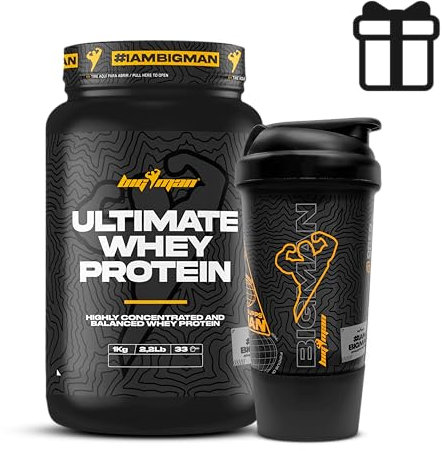 Pack BigMan Ultimate Whey Protein 1 kg + Shaker de REGALO PRO | Aumenta el crecimiento muscular | Entrenamientos intensos | Máxima asimilación (1 KILO, Fresa Platano)
