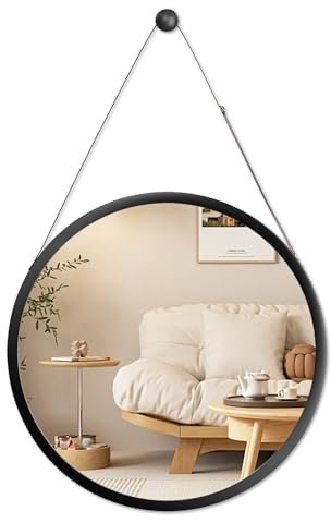 Exabang Spiegel Rund 45 cm, Runder Spiegel Wandspiege Round Mirror mit Rahmen für Schminktisch, Badezimmer, Flur, Wohnzimmer, Wanddekoration (Schwarz)