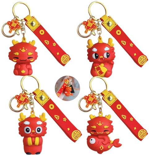 MEZHEN Porte-Clés Dragon Pendentif Porte-clés Enfants Keychain Dragon Cadeaux de Fête Nouvel An Décoration Cadeau Dragon Chinois Porte-Clés 4 Pièces