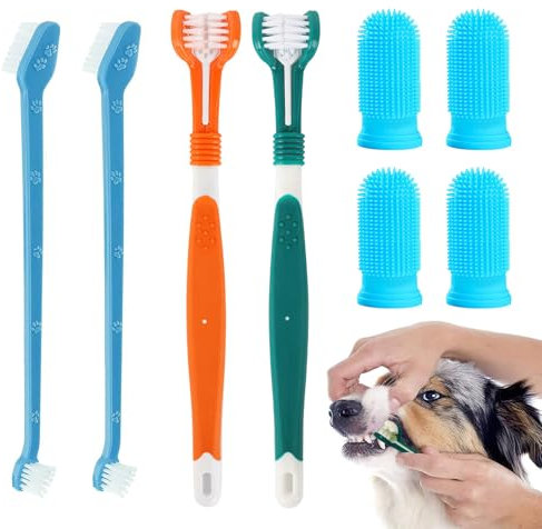 Dog Toothbrush Set, 2 Pack Triple Heads Dog Toothbrushes with 4 Pet Finger Toothbrushes, 2 Dual-Dead Toothbrush, Multi-Angle Dental Teeth Cleaning Products for Small Medium, and Large Pets