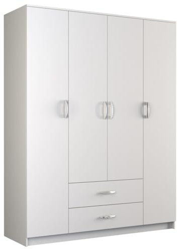 Oggi Kleiderschrank Vierflügel Rota Weiß 160 cm Schwebetürenschrank Led-Lichtleiste Schlafzimmermöbel Stauraum Organizer magnetische Türdichtungen