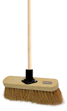 10” Soft Broom Indoor with Wooden Handle Natural Coco Bristles Sweeping Brush with Durable Support Bracket for Cleaning Any Surface Wooden Floor Decking and Paving Slabs (Pack of 1)