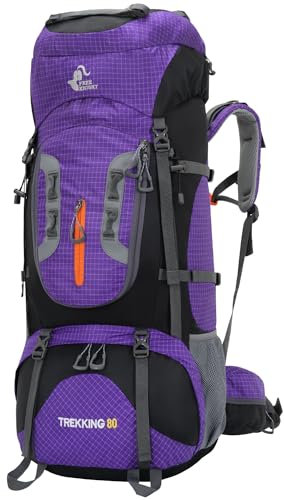 Bseash 80L Wasserdichter Wanderrucksack mit Regenschutz, leichter Outdoor-Sport, Reisen, Tagesrucksack für Klettern, Touren (Violett)