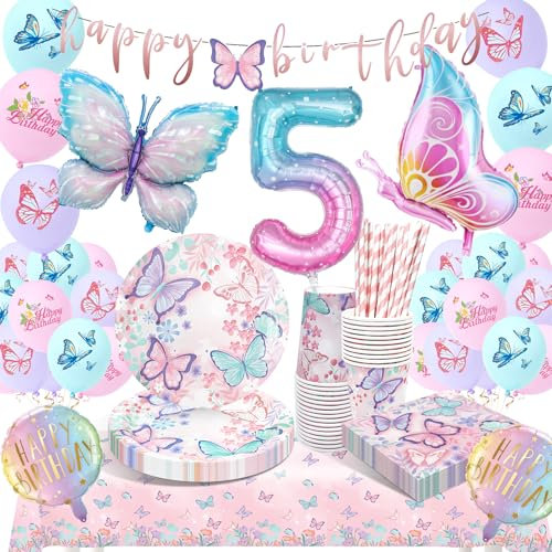 HLEIUKT Papillon Décorations Anniversaire pour Fille, Kit Vaisselle 5 Ans Anniversaire Papillon, Ballon Pour les 5 ans Fêtes Décoration(16 invités)
