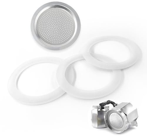 6 Tassen Dichtung und Filter für Kaffeekannen - 3 Stück Dichtungsring für Kaffeekannen, mit 1 Stück Aluminium Sieb (3 Silikon-Dichtungen, 1 Aluminium-Sieb)