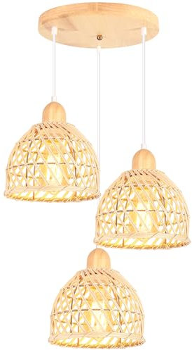 iDEGU 3 Lampes Suspension Luminaire Moderne Lustre Plafonnier en Bois et Bambou de Design Spirale Vintage E27 Éclairage Plafond Rétro Lustre Suspension Rotin pour Salon Chambre Salle à Mange (Cercle)