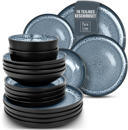 Juego de Vajilla Ibiza para 4 Personas - 16 Piezas - Set de Vajilla para Lavavajillas y Microondas - Moderno Juego de Platos - Servicio de Pure Living en Gris Azul