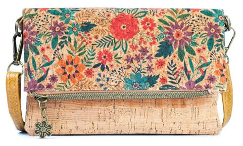 DeCarbonize Portafoglio da donna in sughero, con tracolla, supporto per cellulare in sughero, in pelle vegana, marrone, fiori