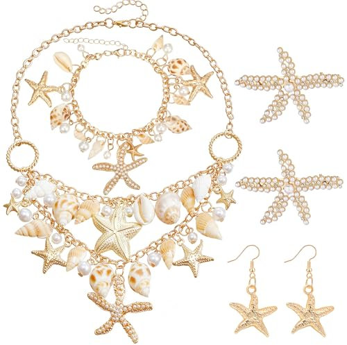 Alaxciax Frauen Meerjungfrau Kostüm Schmuck Set, Meerjungfrau Kostüm Zubehör Seestern Muschel Halskette Armband Perlen Seestern Haarspange Ohrringe Strandschmuck für Karneval (weiß)